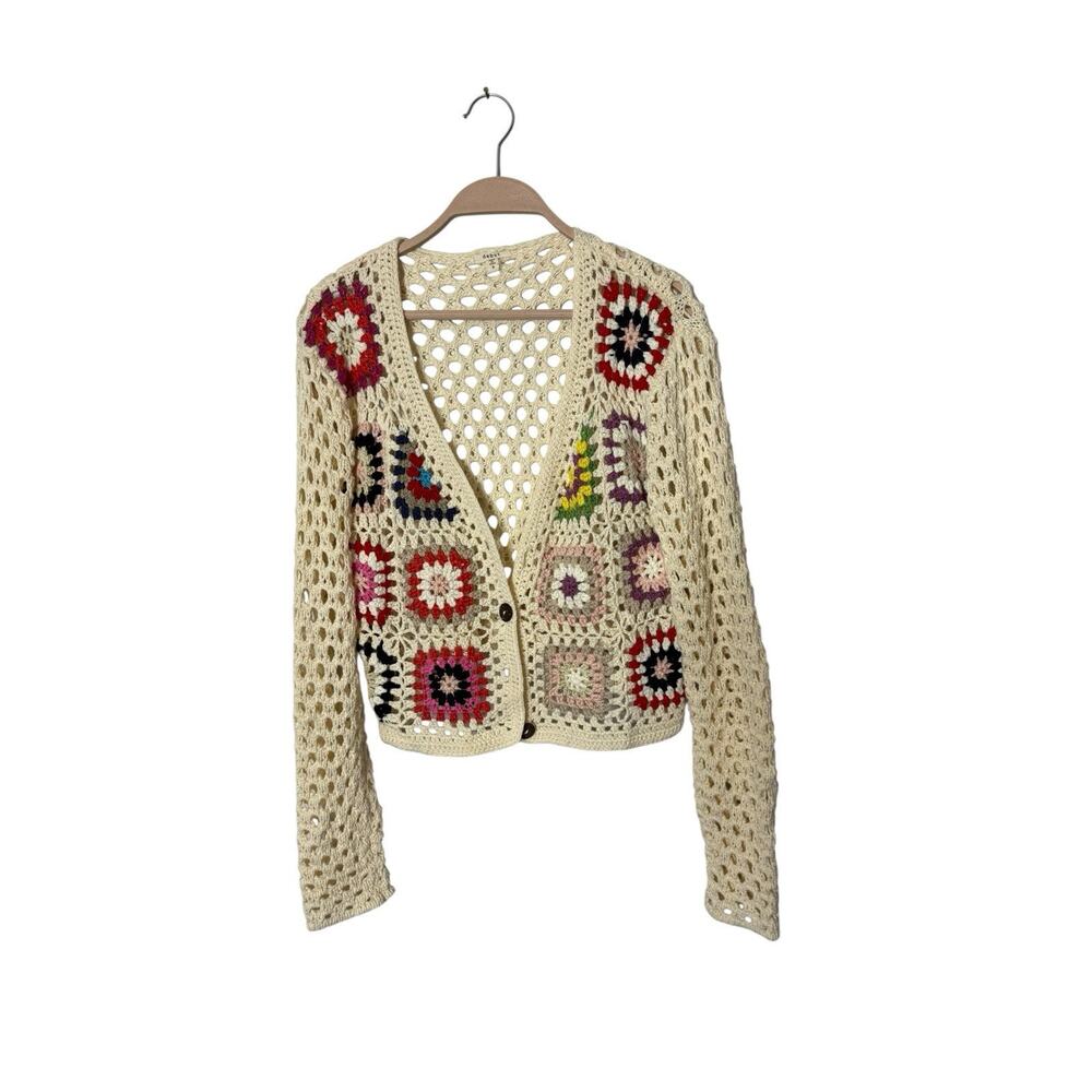 DEBUT Granny Square Cropped Crochet Colorful Buttons Cardigan Sweater S